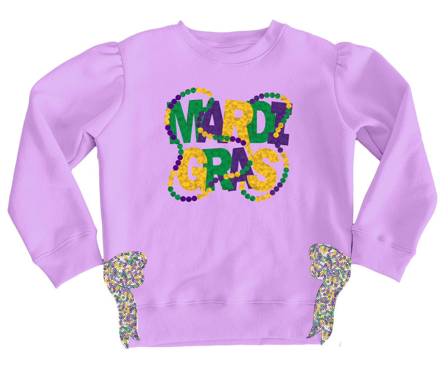 Mardi Gras Beads and Bow Sequin split hem sweatshirt