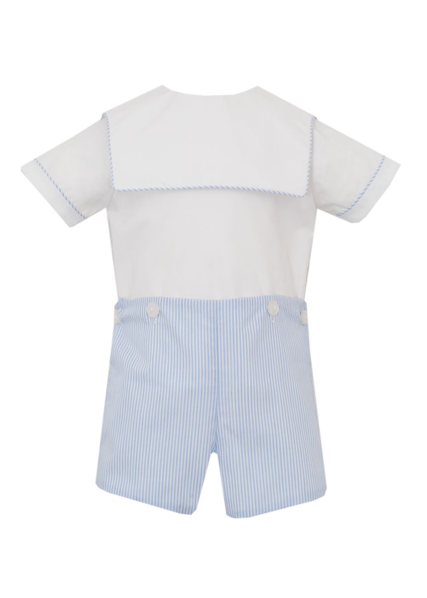 Light blue stripe boy's shorts with white shirt and square collar