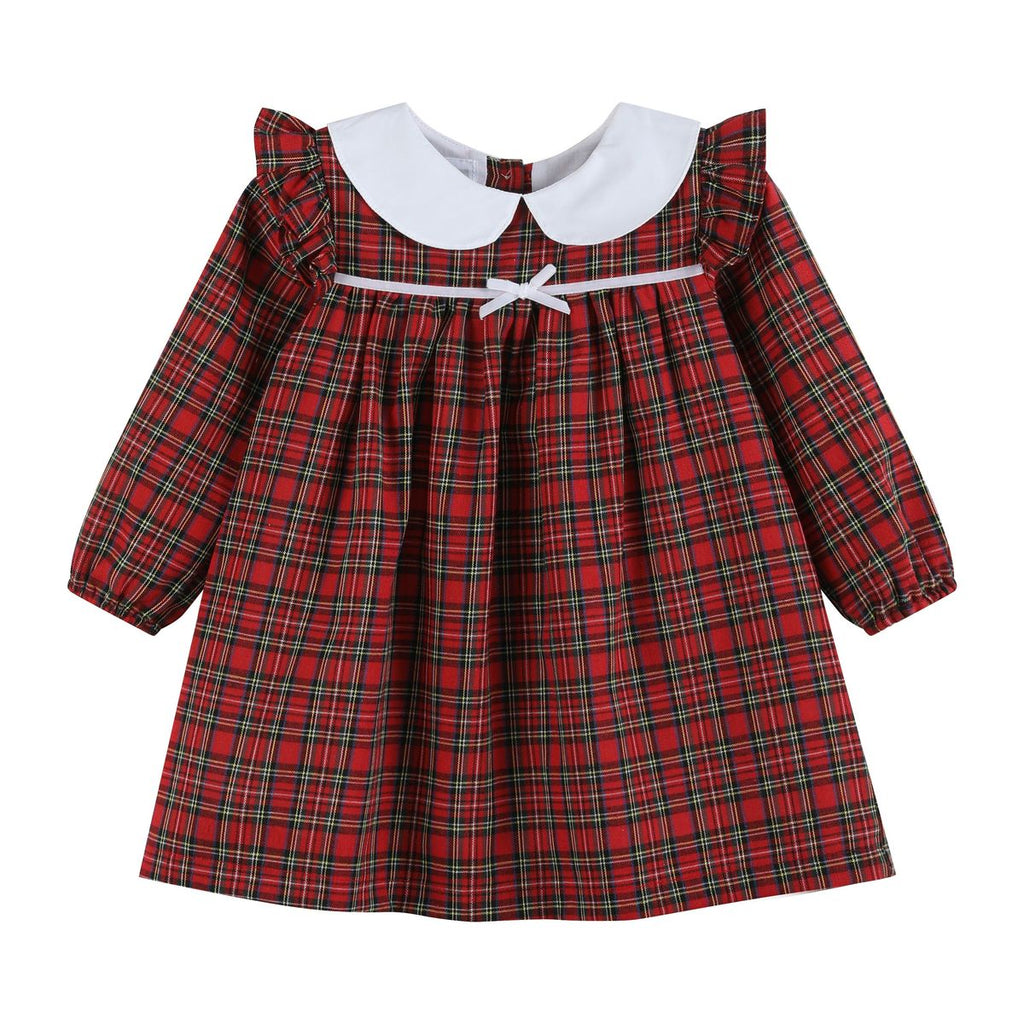 Red Christmas Plaid Colllared Ruffle Dress