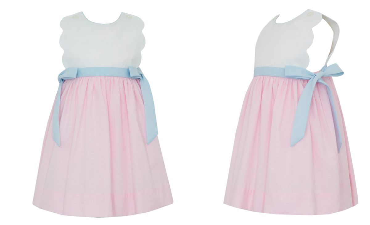 Pink check scalloped sundress with blue side bows