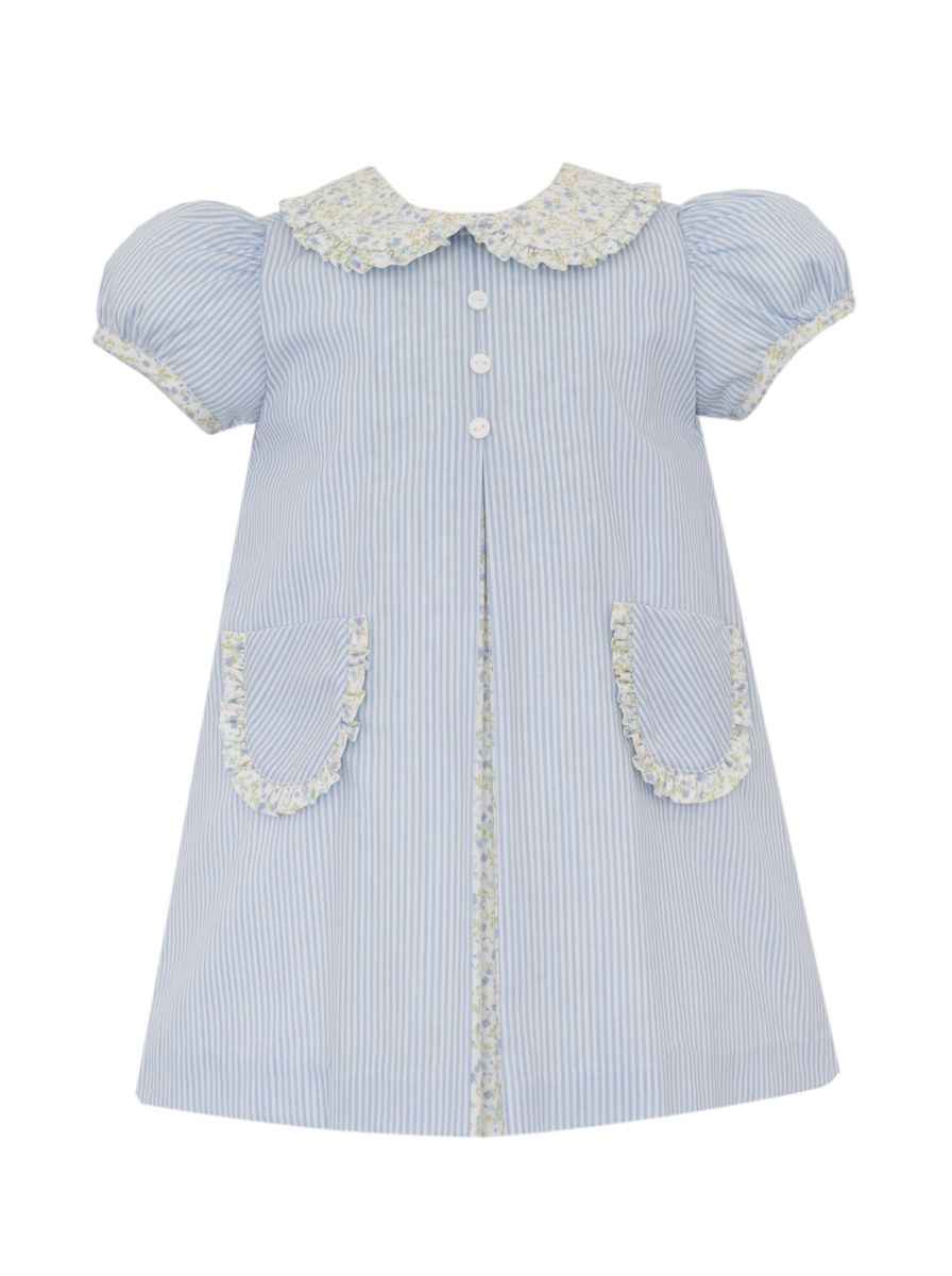 Light blue stripe A-line dress with blue floral trim