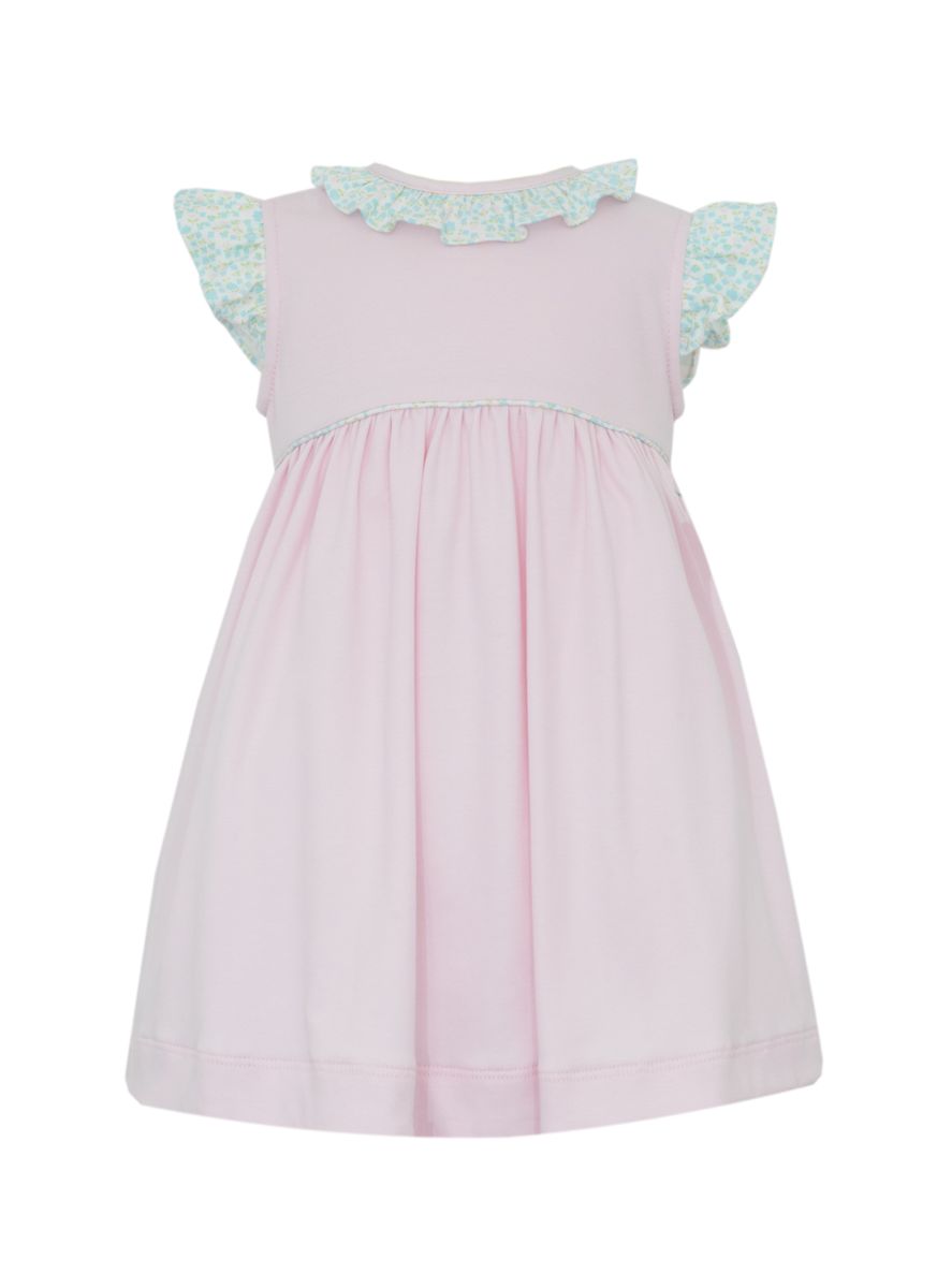 Pink knit sleeveless dress w/ aqua pink floral trim