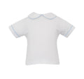 Boy's white knit shirt with blue stripe piping