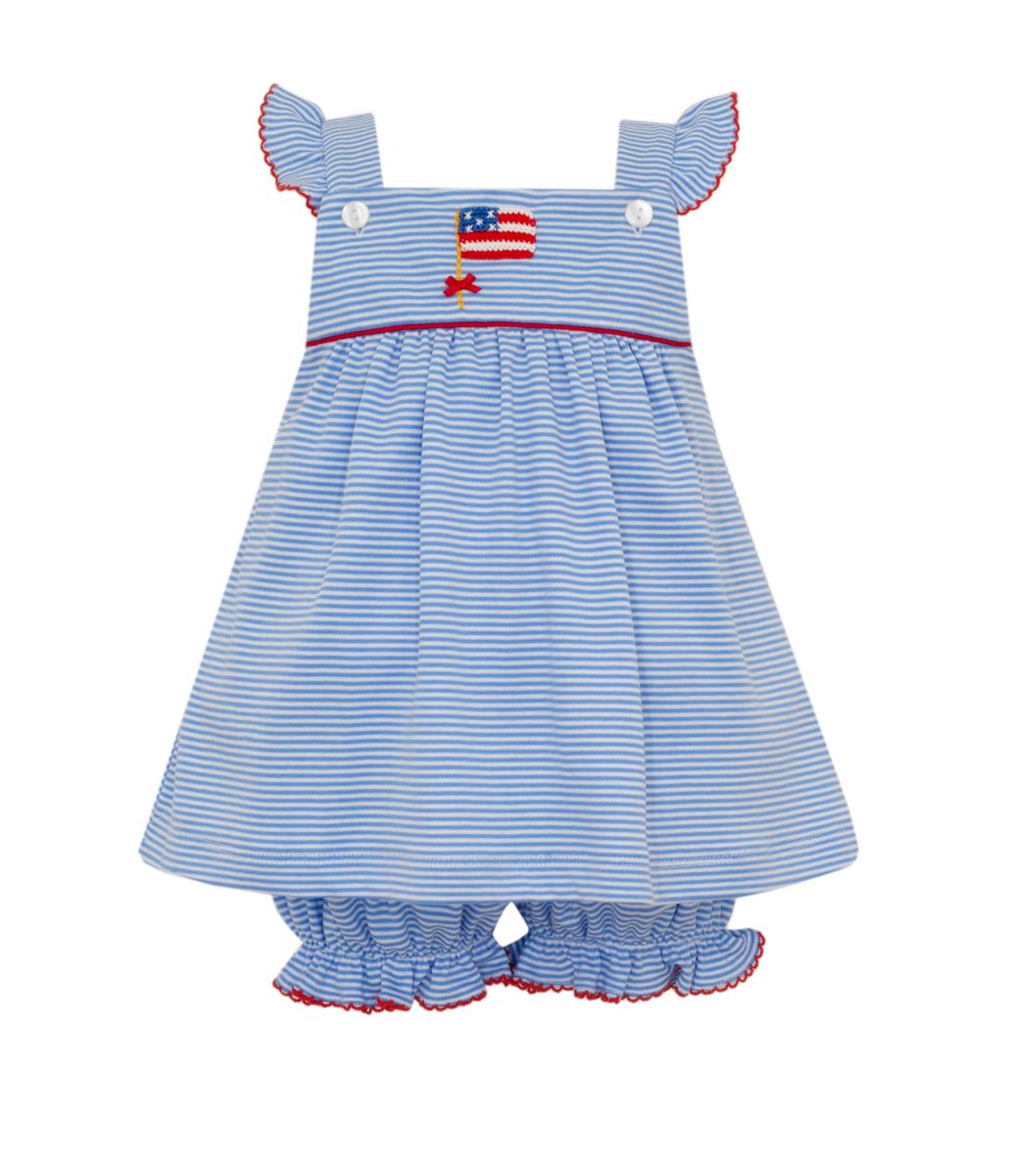 Flag Embroidery blue knit bloomer set
