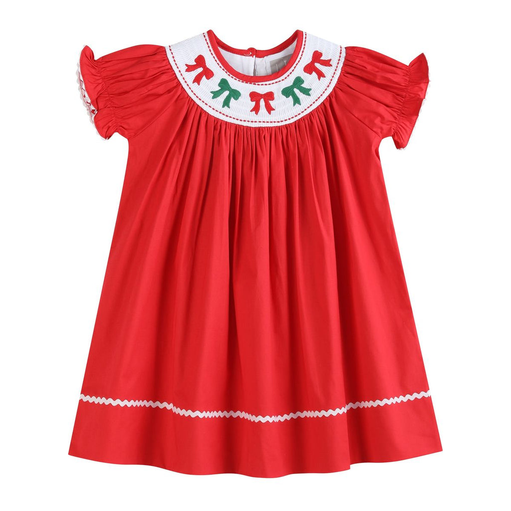 Red Christmas Bows Smocked Bishop Dress