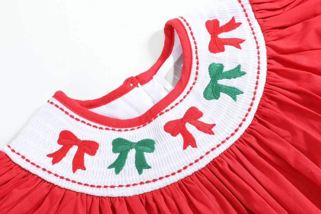 Red Christmas Bows Smocked Bishop Dress