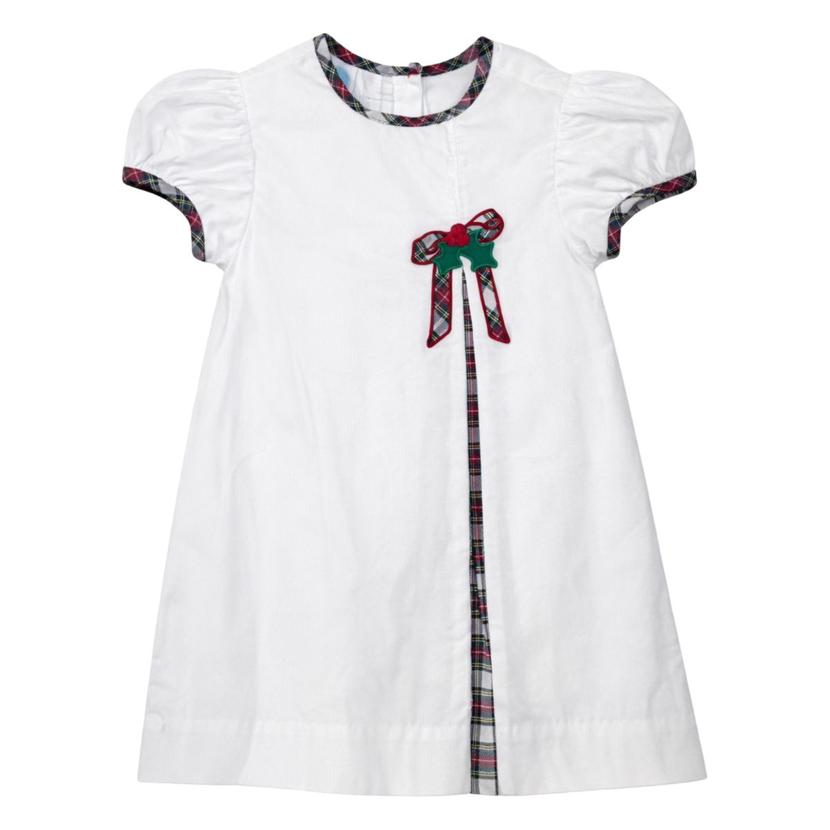 Dolly Pleat Dress, White Cord Christmas Tartan