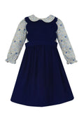 Navy blue corduroy scalloped jumper w/ navy blue floral blouse