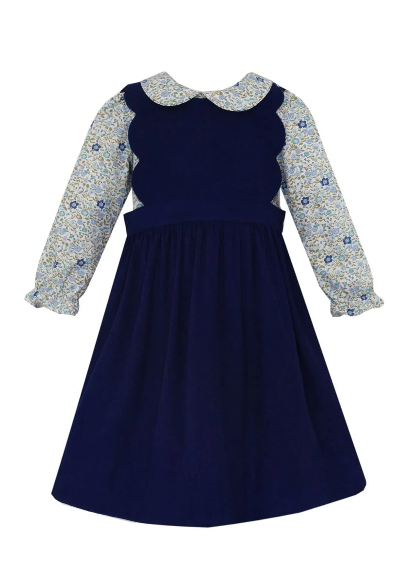 Navy blue corduroy scalloped jumper w/ navy blue floral blouse