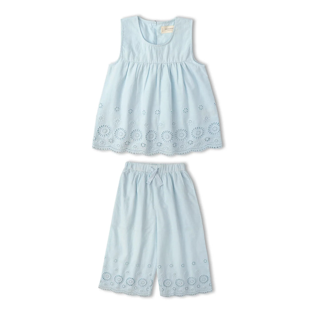 Organic Eyelet Top And Pant Set - Light Blue Eyelet