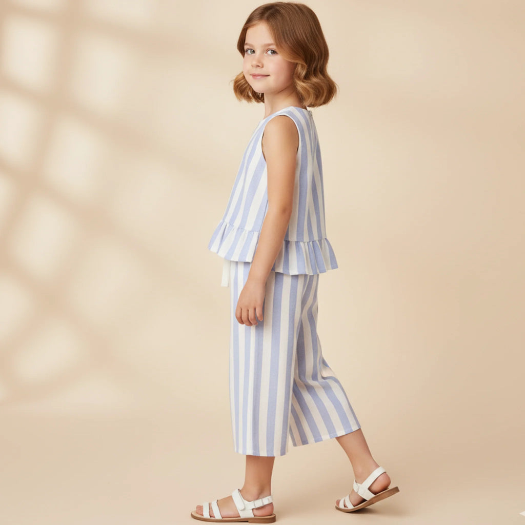 Organic Ruffle Top & Pants Set - Blue Stripes