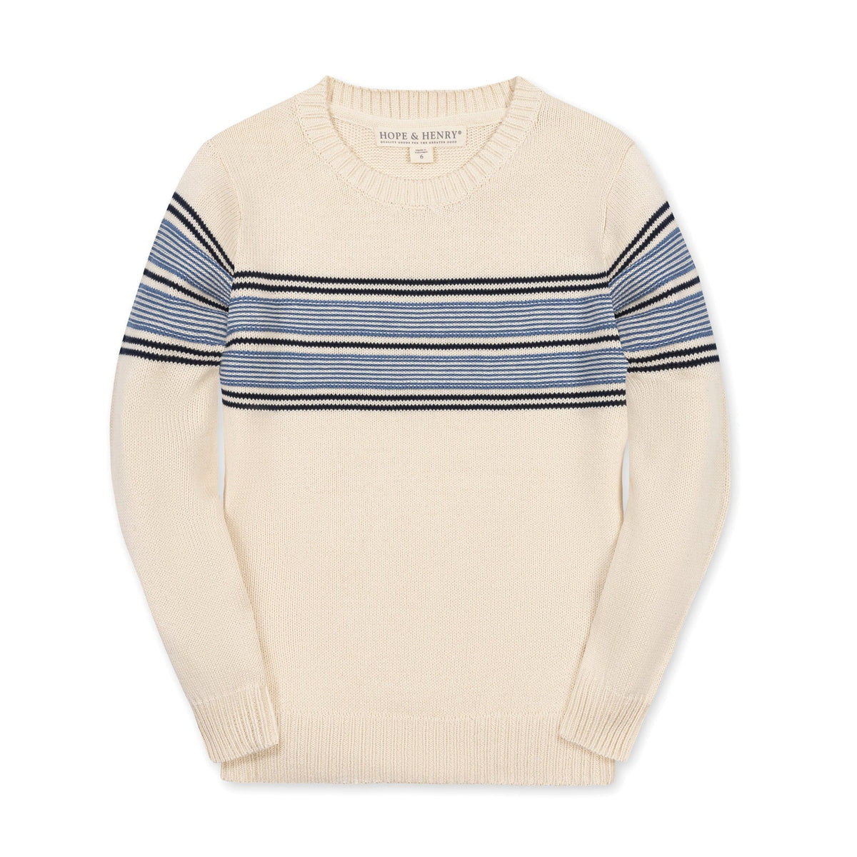 Organic Crewneck Sweater/Ivory and Blue Chest Stripe