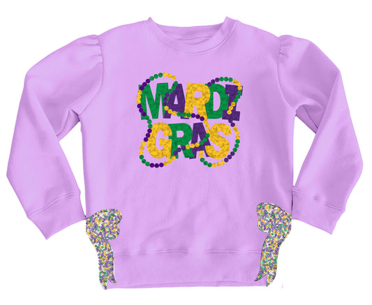 Mardi Gras Beads and Bow Sequin split hem sweatshirt