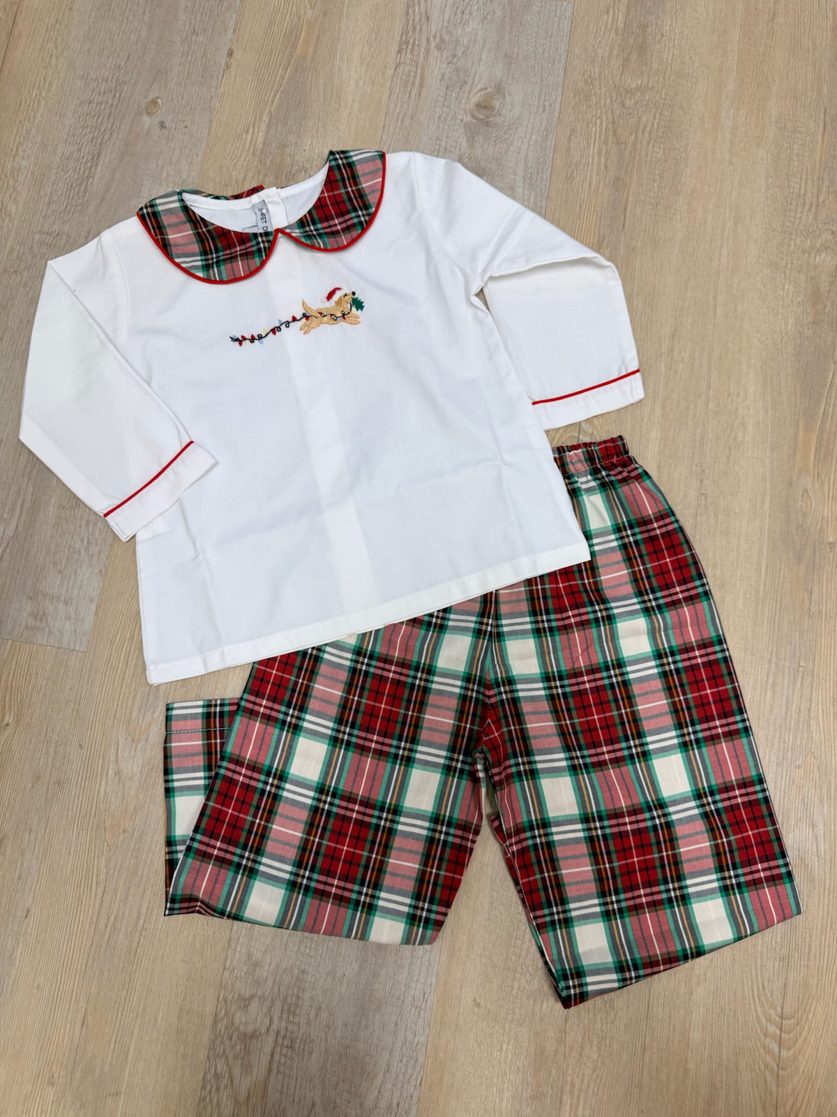 Dog & Christmas Lights Embroidered Plaid Boy Pants
