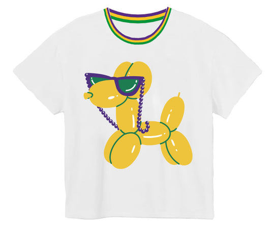 Mardi Gras Glitter Balloon Dog on Boxy Tee
