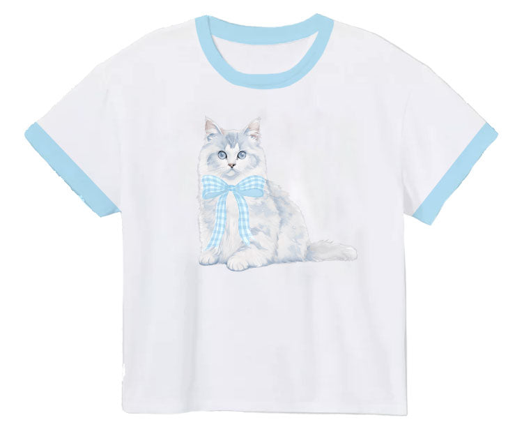 Blue Gingham Bow Kitty White Ringer Boxy Tee