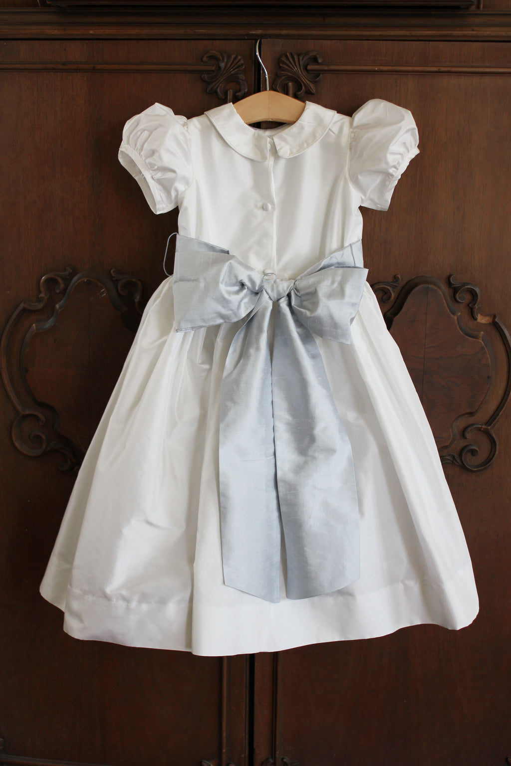 Silk Dress with Puff Sleeves and Sash