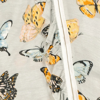 Butterfly Bamboo Ruffle Zipper Footed Romper