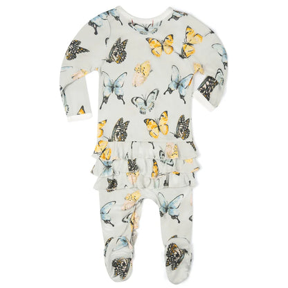 Butterfly Bamboo Ruffle Zipper Footed Romper