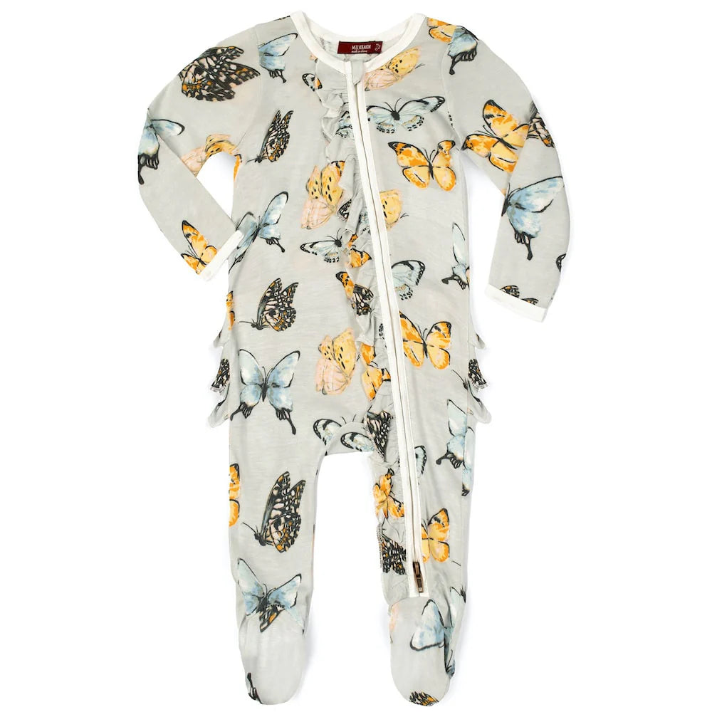 Butterfly Bamboo Ruffle Zipper Footed Romper