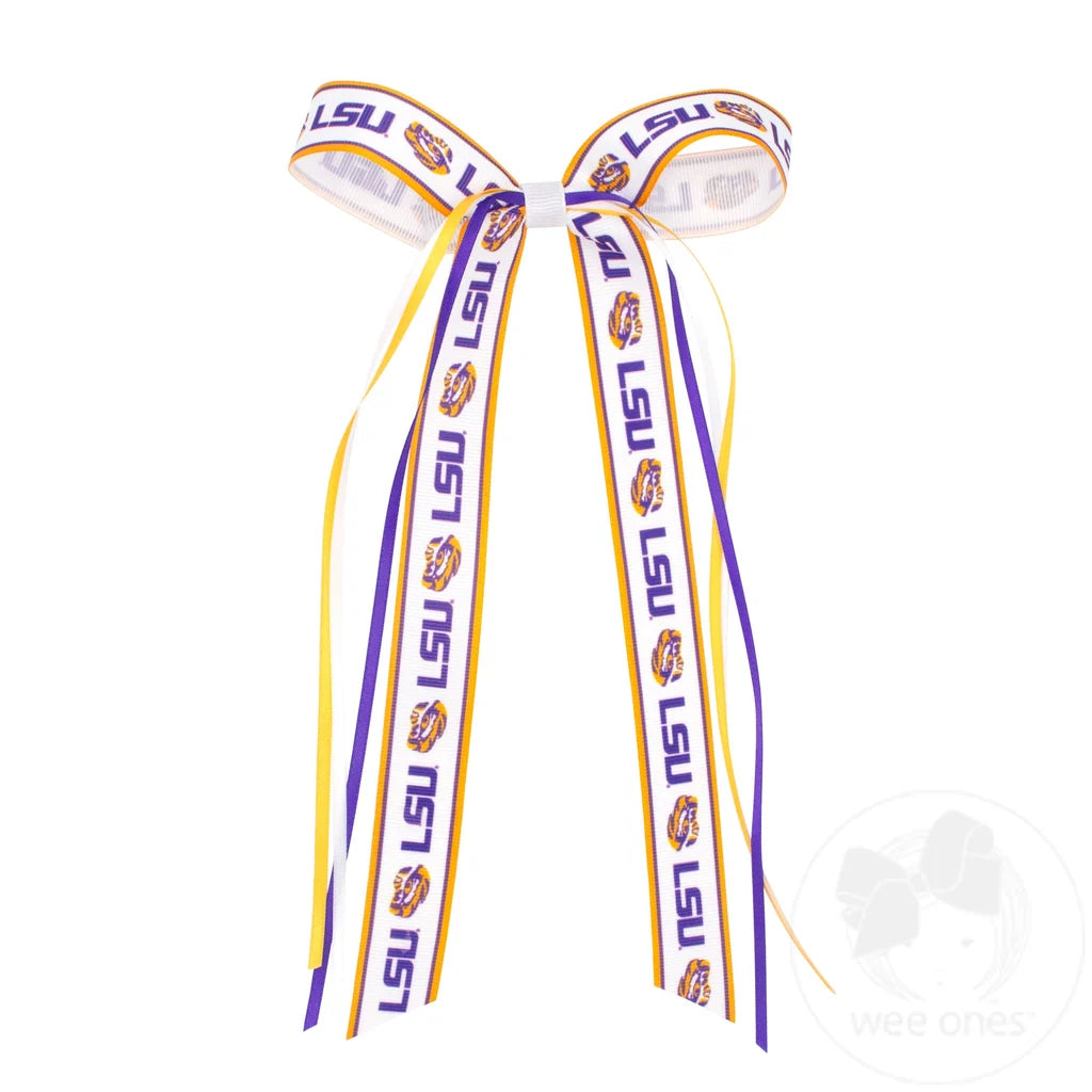 Pair of Louisiana State Logo Ribbon Boot Bows with Streamers