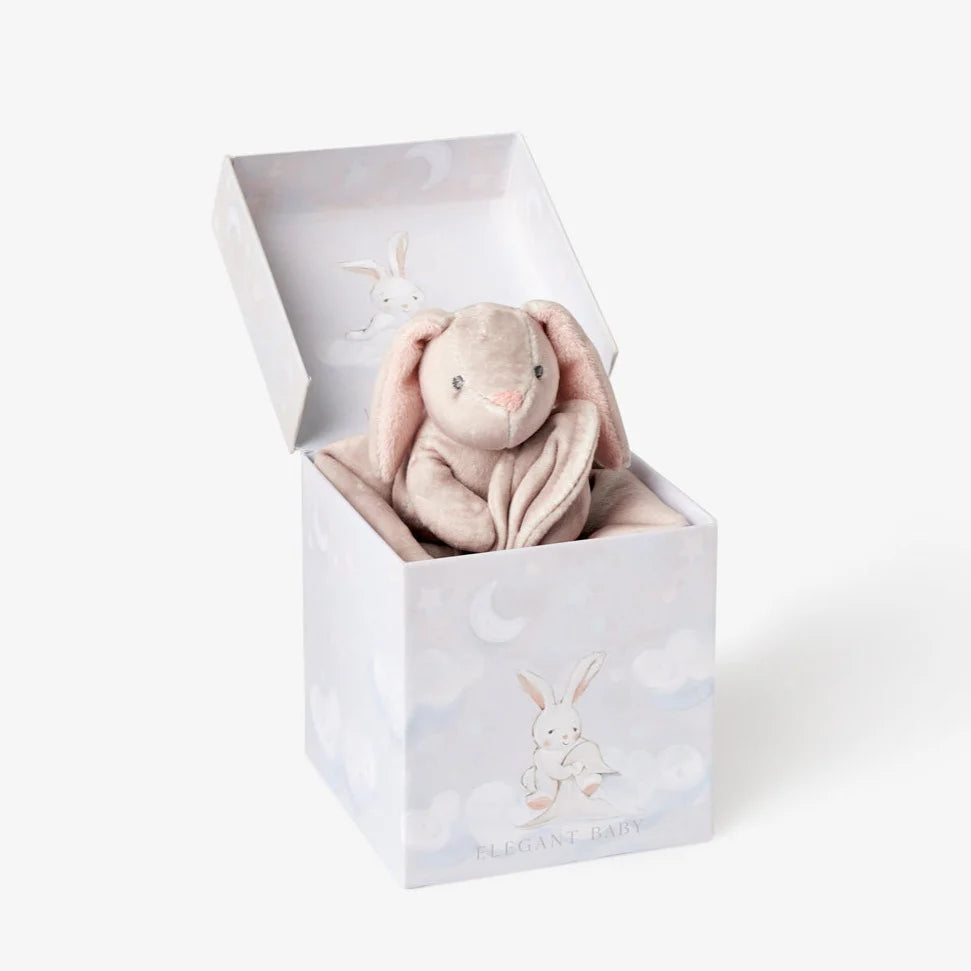 TAUPE LOVIE BUNNY SECURITY BLANKIE W/ GIFT BOX