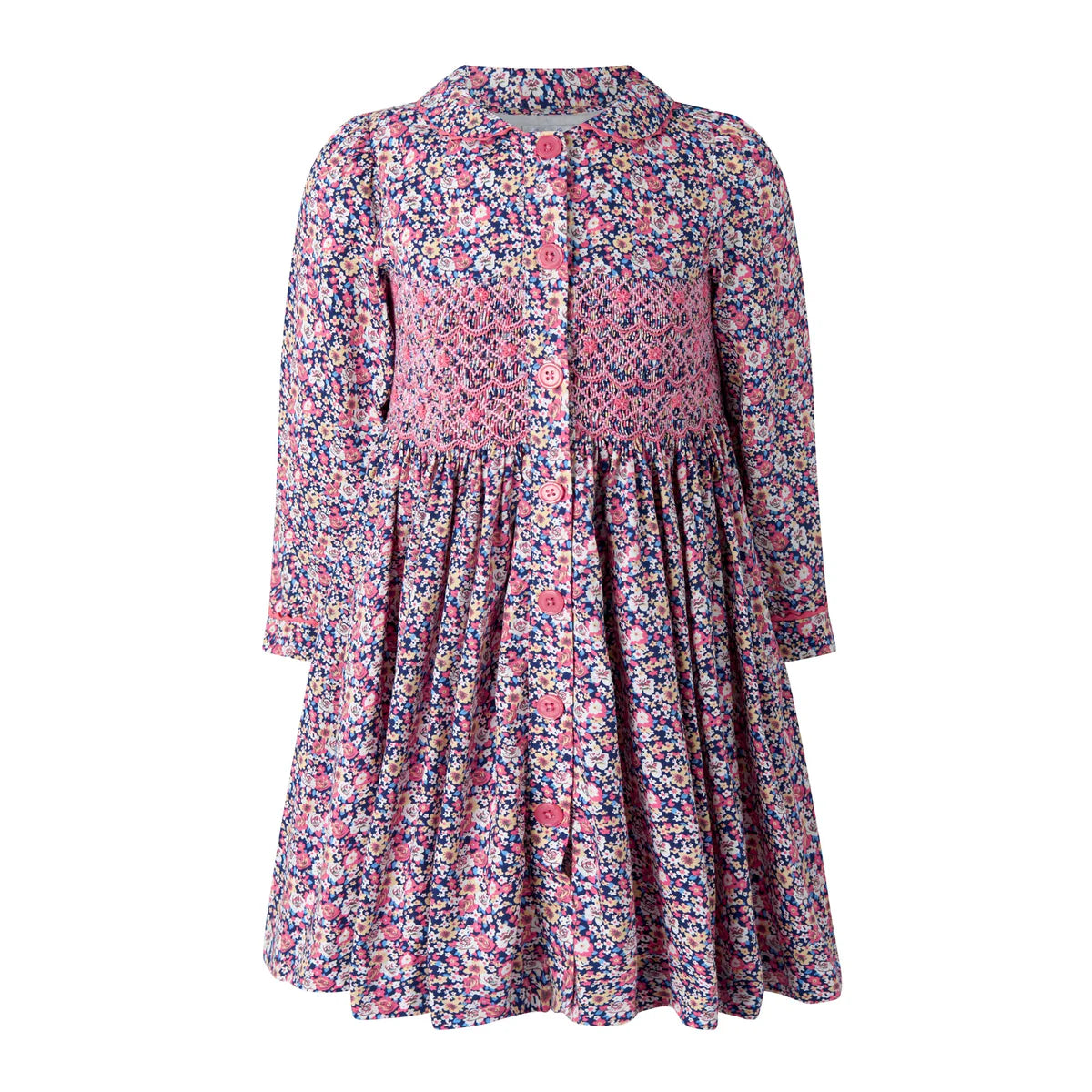 NAVY FLORAL SMOCKED BUTTON-FRONT DRESS