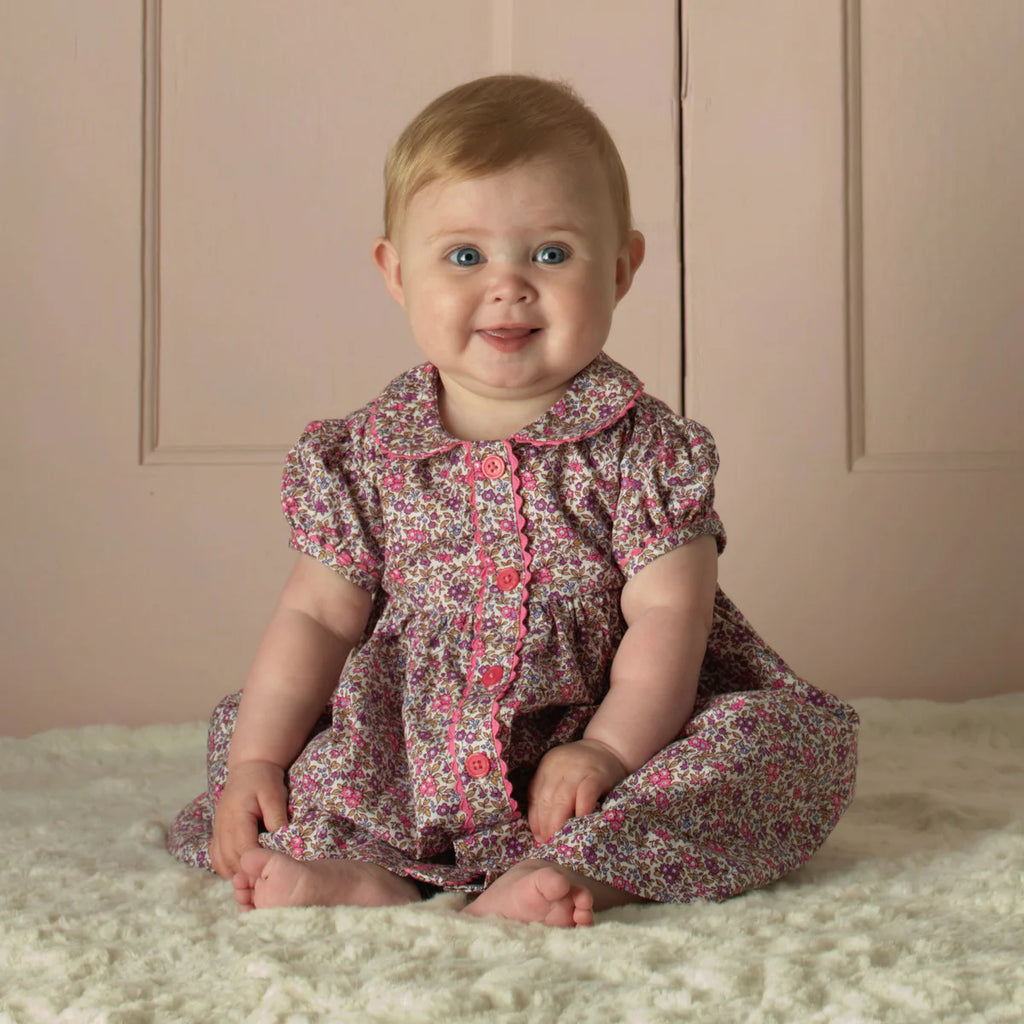 PURPLE FLORAL BUTTON-FRONT DRESS & BLOOMERS