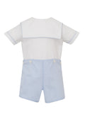 Light blue stripe boy's shorts with white shirt and square collar