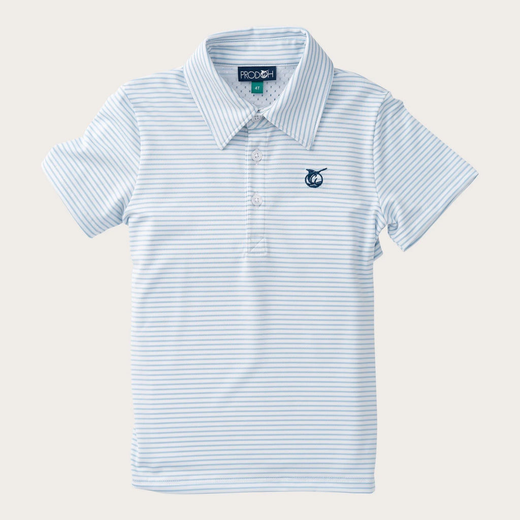 Boys' Short Sleeve Pro Performance Polo in Classic Clear Sky Blue and White Stripe