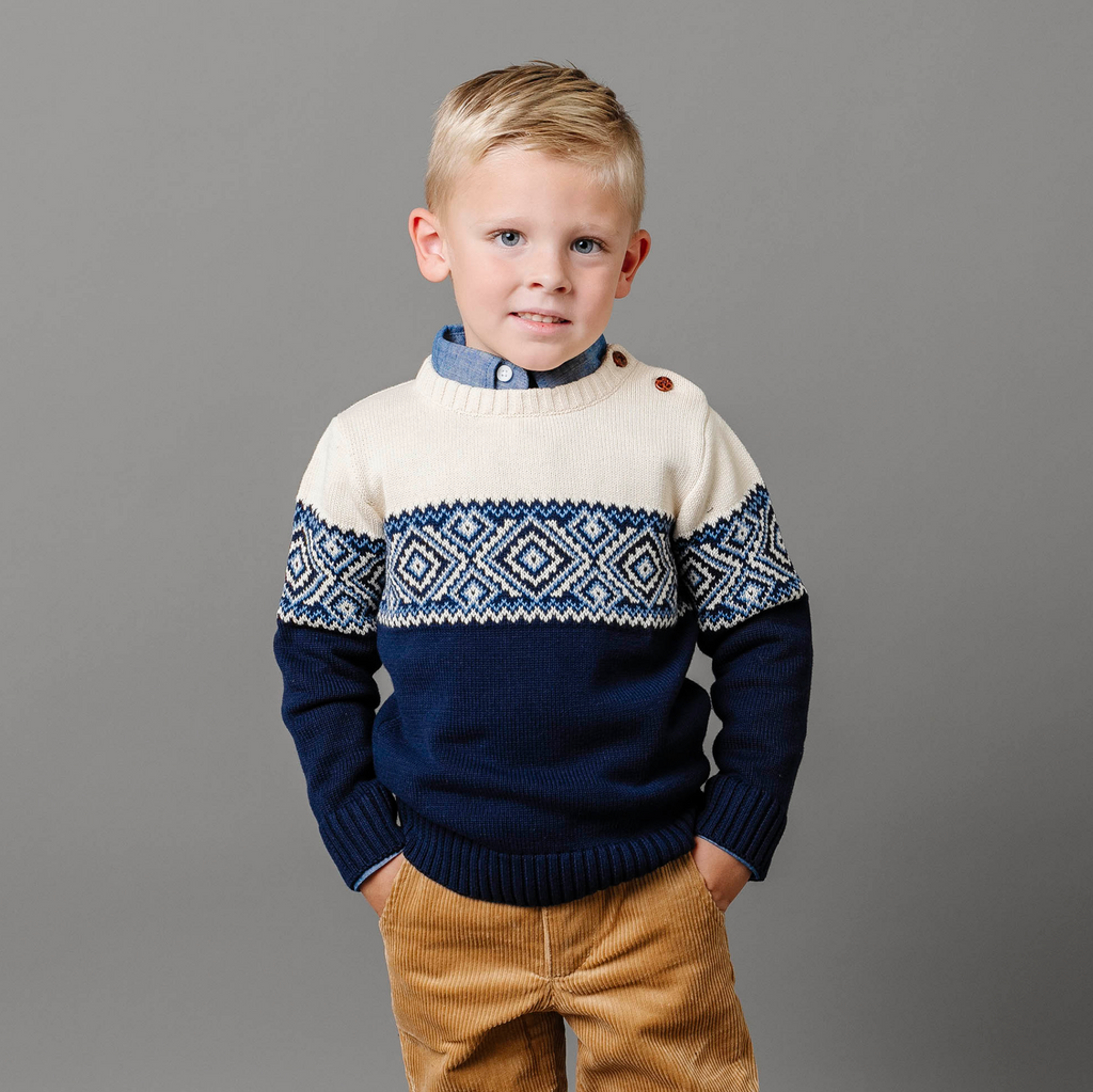 Organic Intarsia Crew Neck Button Sweater