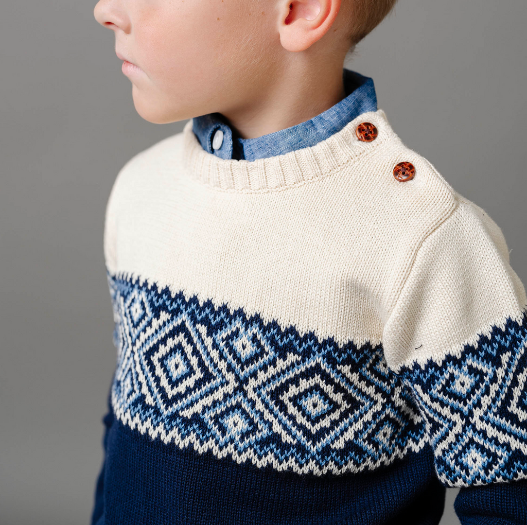 Organic Intarsia Crew Neck Button Sweater