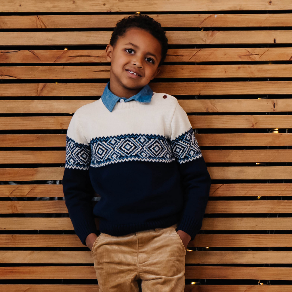 Organic Intarsia Crew Neck Button Sweater