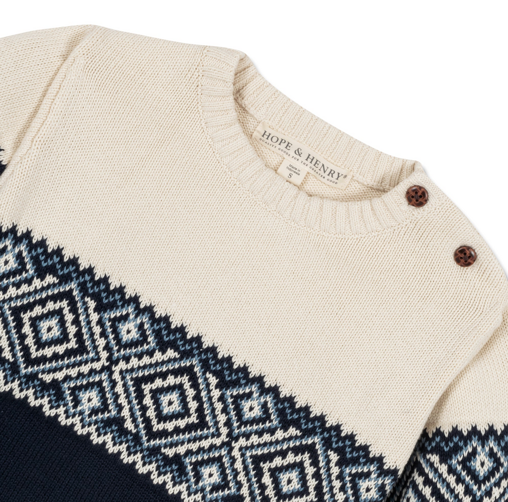 Organic Intarsia Crew Neck Button Sweater