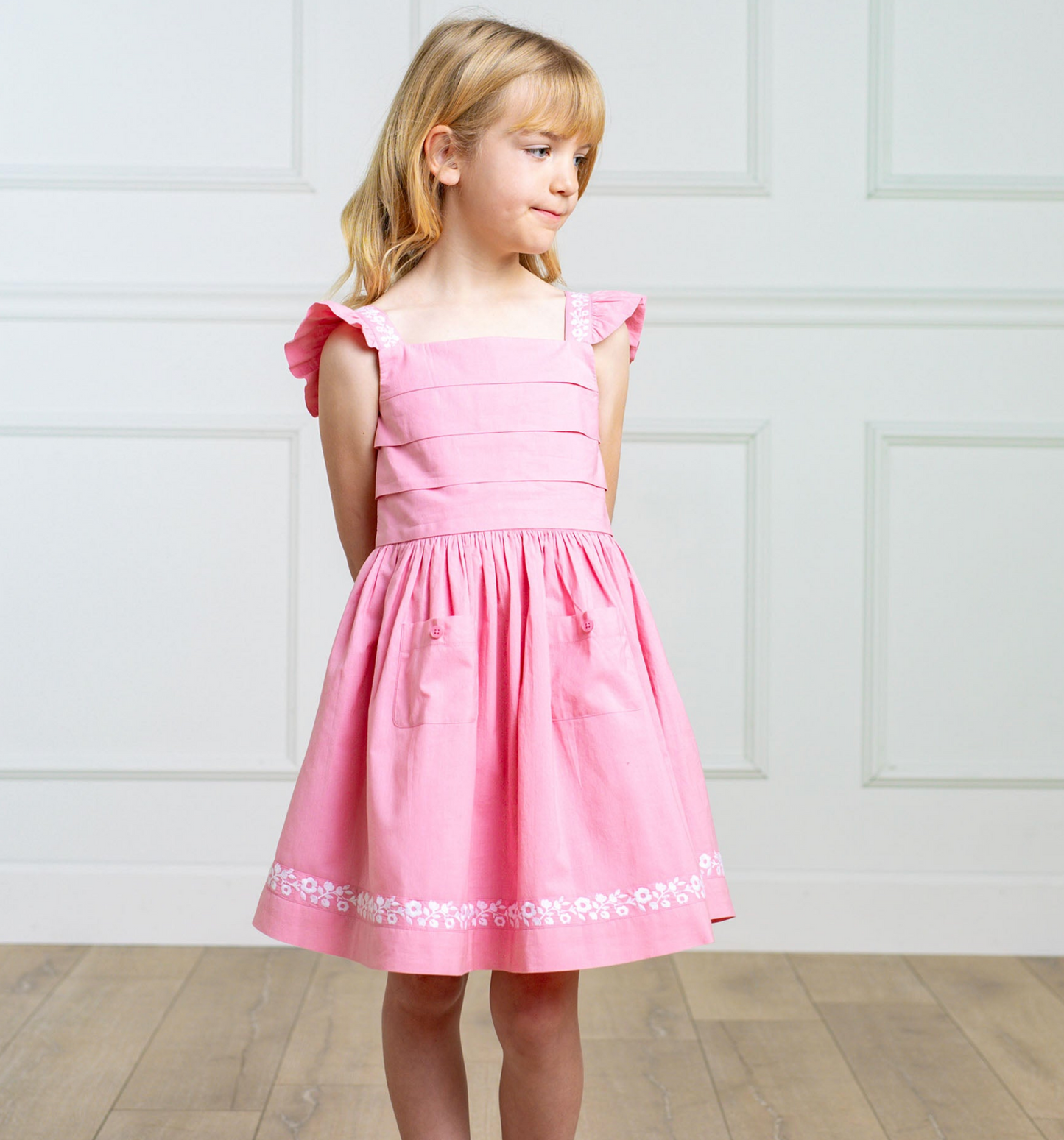 Organic Pleated Apron Dress With Embroidery