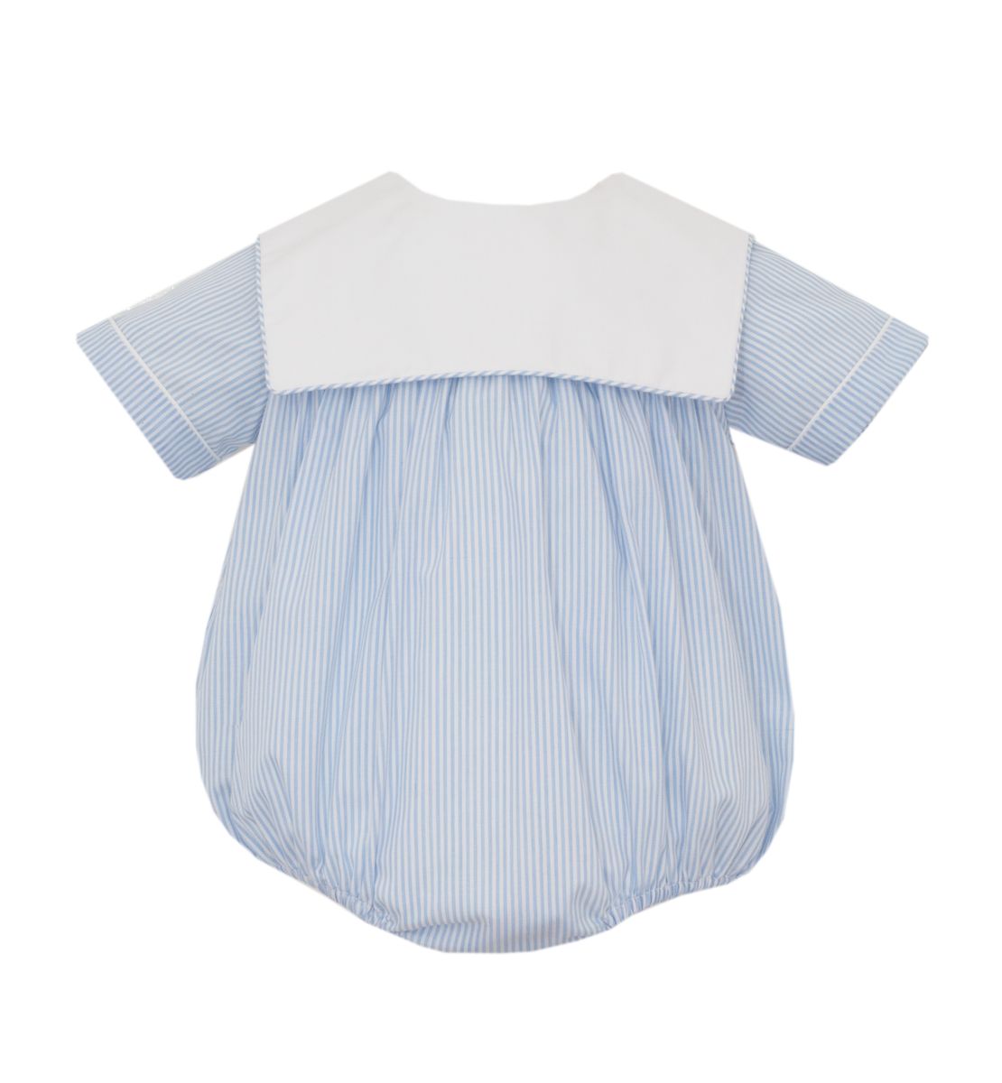 Light blue stripe boy's bubble with white square collar