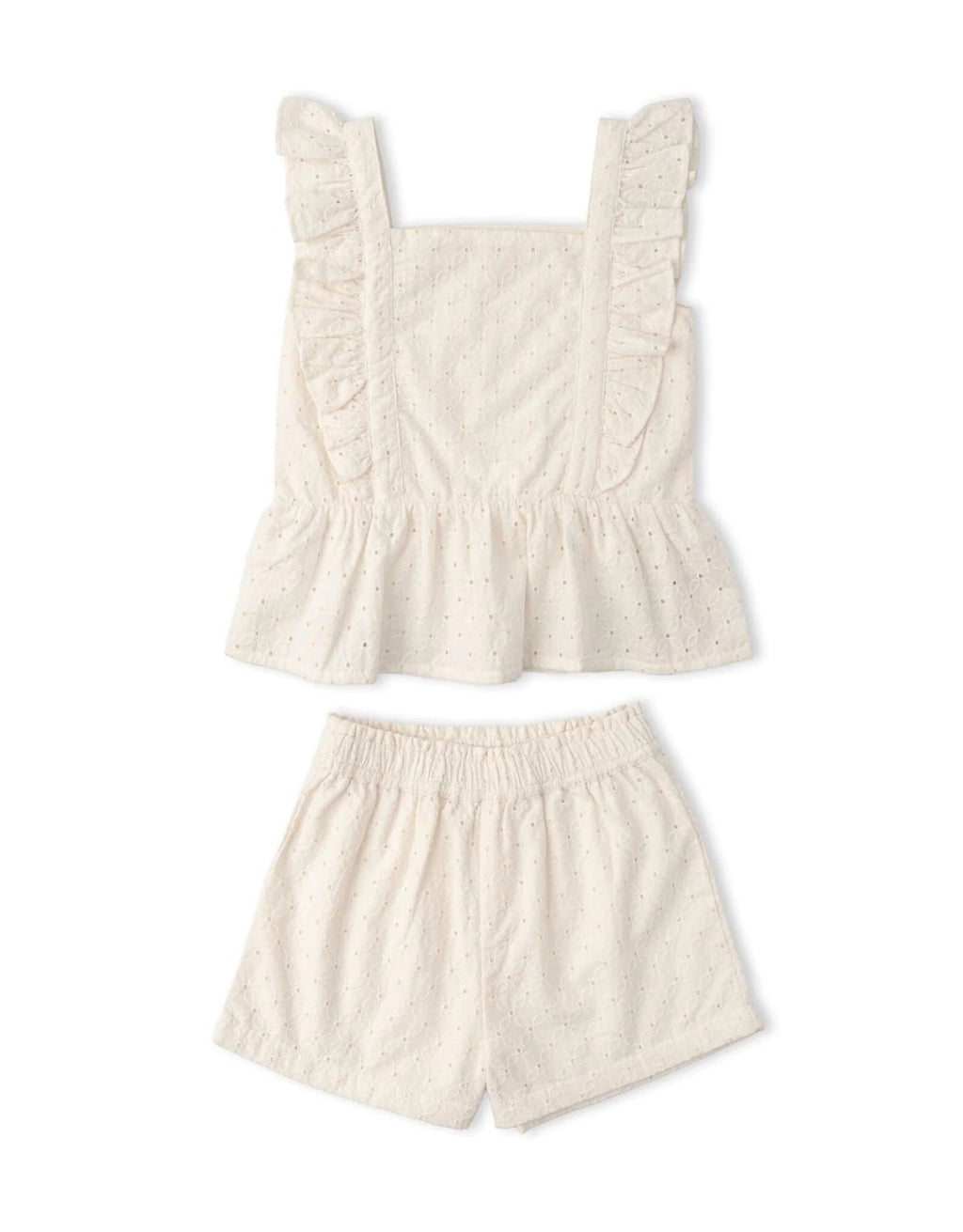 Organic Eyelet Flutter Top And Shorts Set - Ivory Eyelet