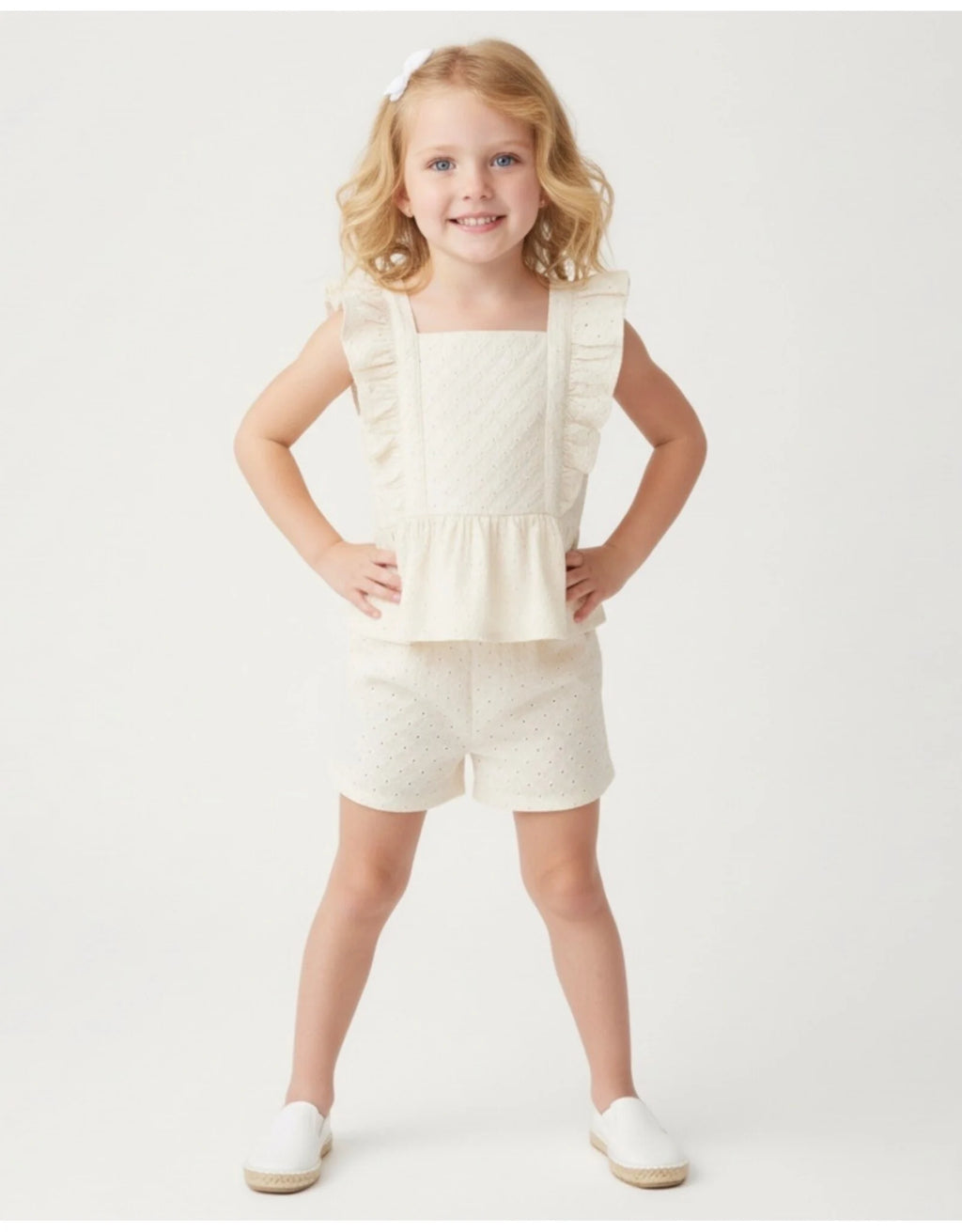 Organic Eyelet Flutter Top And Shorts Set - Ivory Eyelet