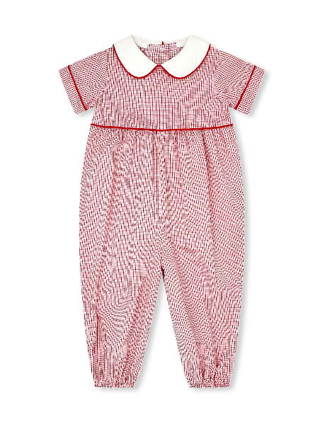 Red Windowpane with Red Corduroy Piping Boy's Romper