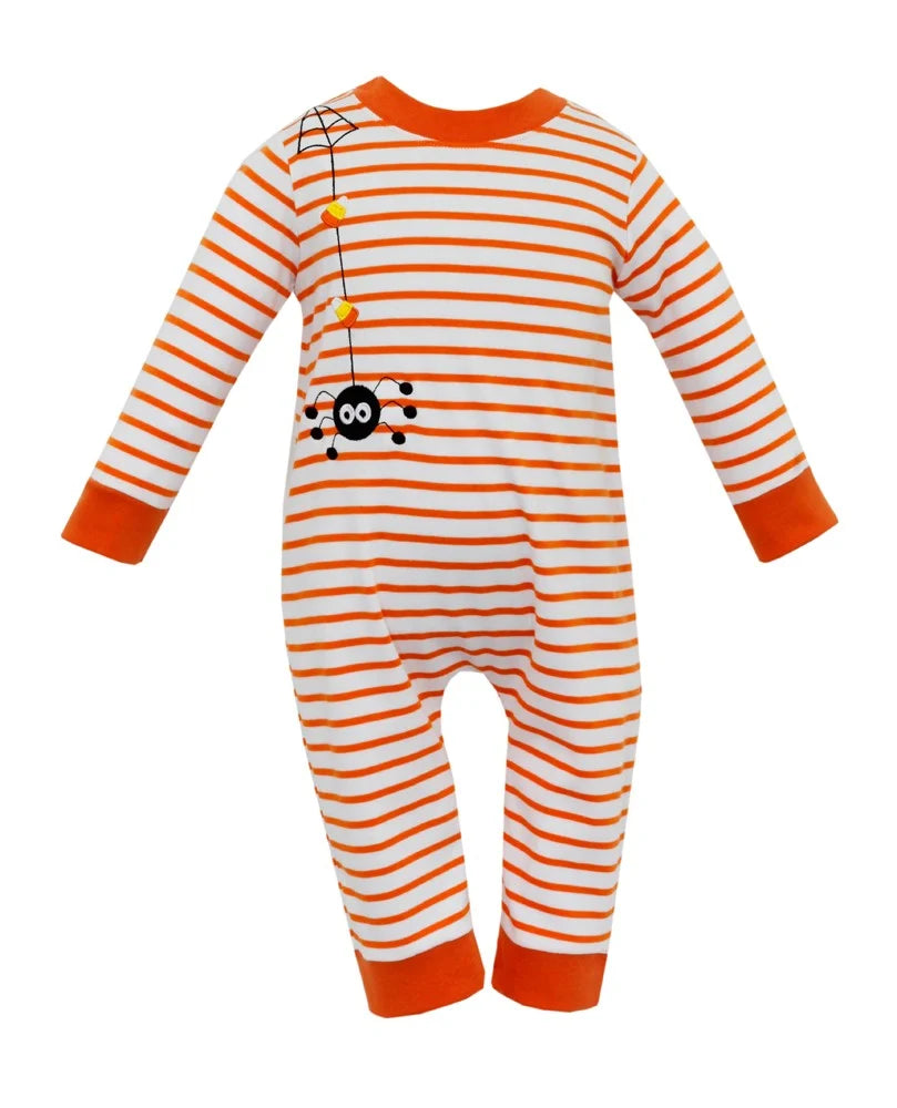 Baby Boys Knit Romper - Orange Stripes with Halloween Spider